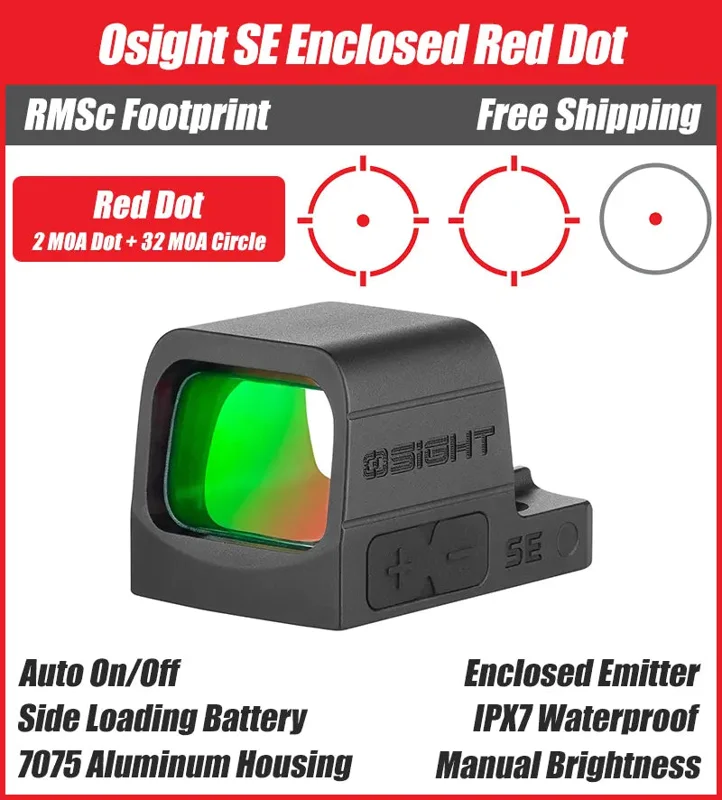 Osight SE Enclosed Red Dot Sight, 2 MOA Dot + 32 MOA Circle, RMSc Footprint, Side Battery