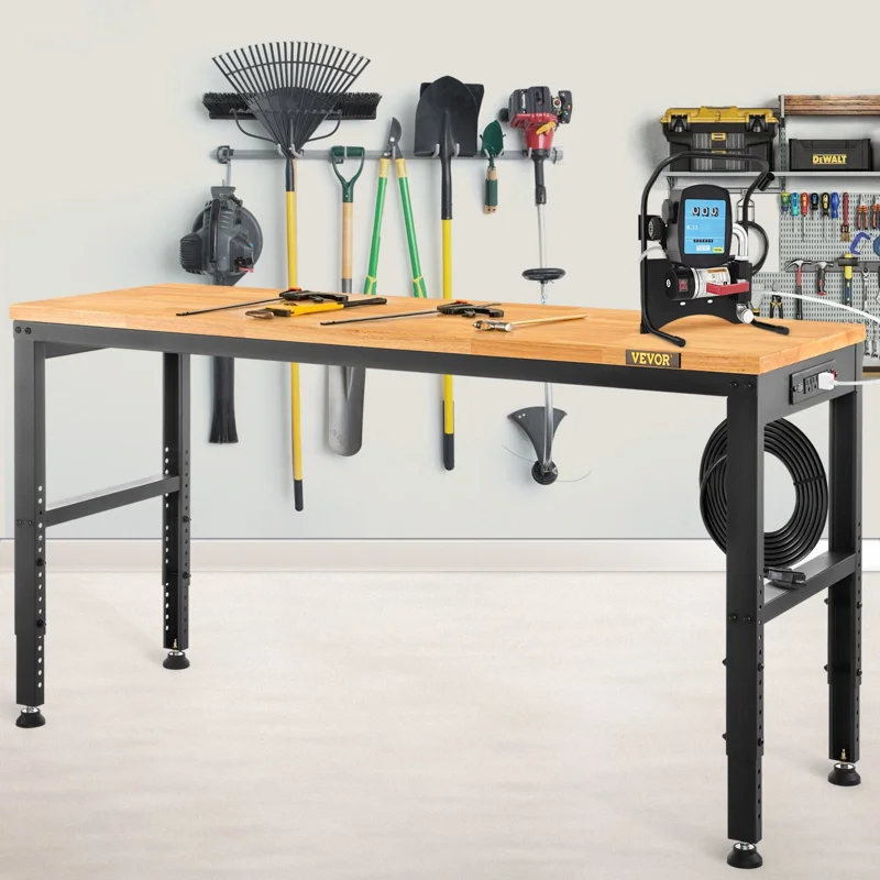 VEVOR Workbench Adjustable Height, 48"L X 20"W X 38.1"H Garage Table w/ 28.3" - 38.1" Heights & 2000 LBS Load Capacity, with Power Outlets & Hardwood Top & Metal Frame & Foot Pads, for Office Home