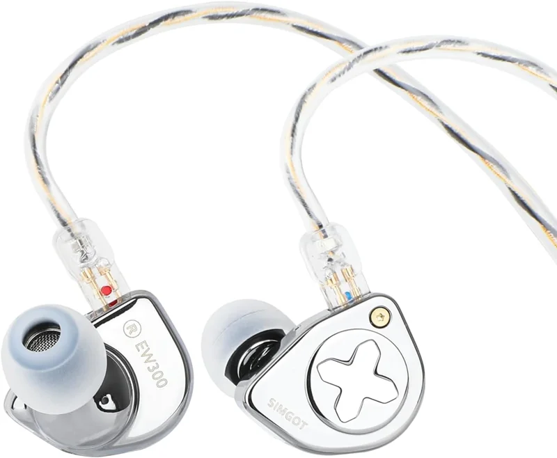 Linsoul SIMGOT EW300 1DD+1Planar+1PZT Hybrid Driver in Ear Monitor, Wired Earbuds IEM, Gaming Earbuds with Detachable Nozzles, Silver-Plated OFC IEM Cable for Audiophile Musician (Standard Edition)