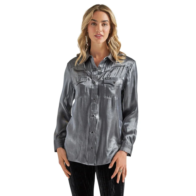 Wrangler Women’s Metallic Silver Western Snap Shirt - XS