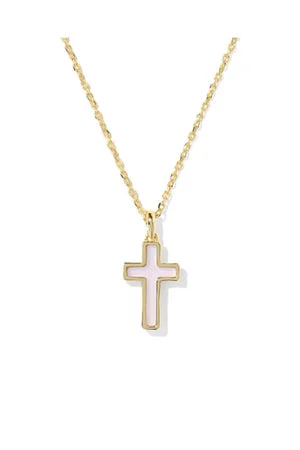 Kendra Scott Cross Gold Pendant Necklace in Matte Blush Pink Dichroic Glass