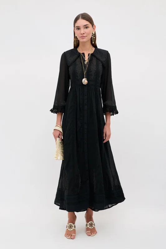 Silvi Embroidered Cotton Midi Dress in Bud Trail Embroidery Black