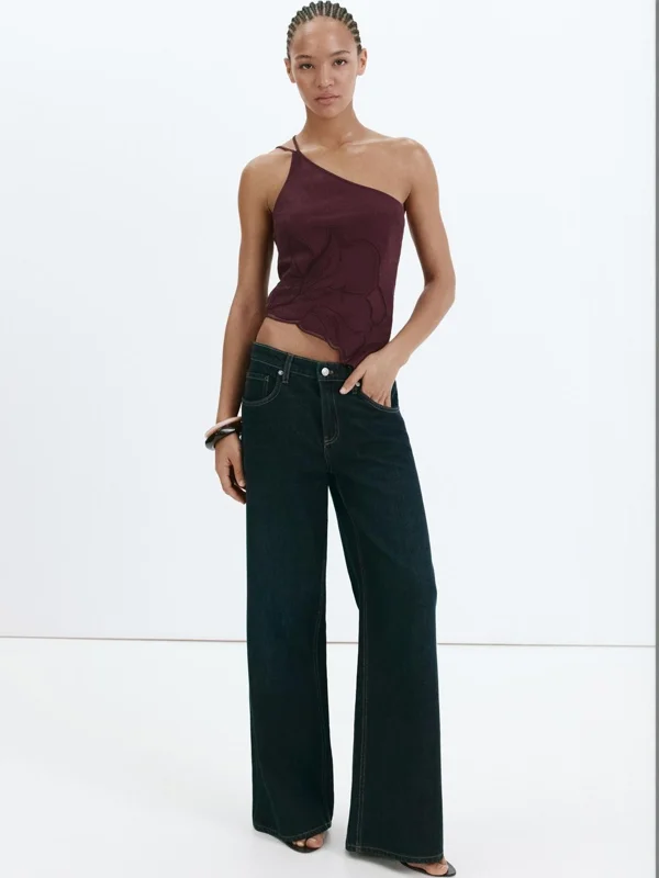 MANGO Embellished One Shoulder Linen Crop Top