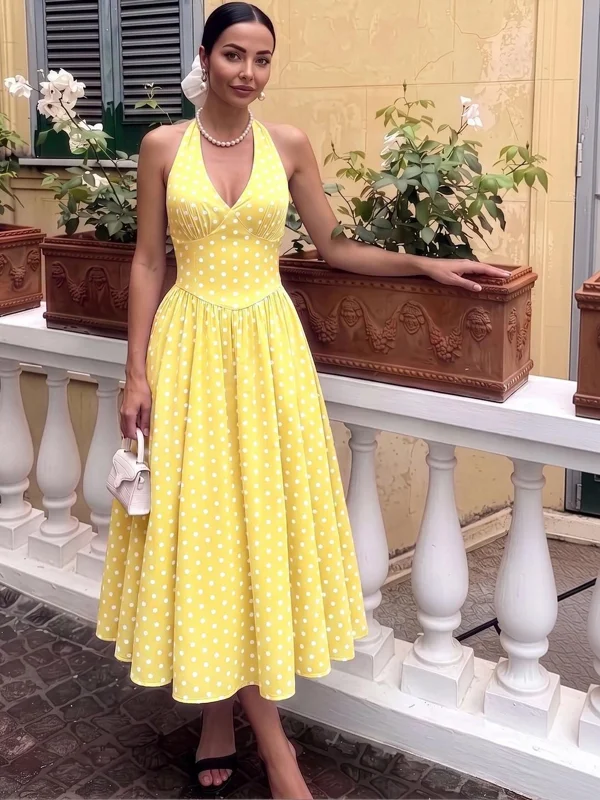MULVARI Polka Dot Print Halter Neck A-Line Midi Dress