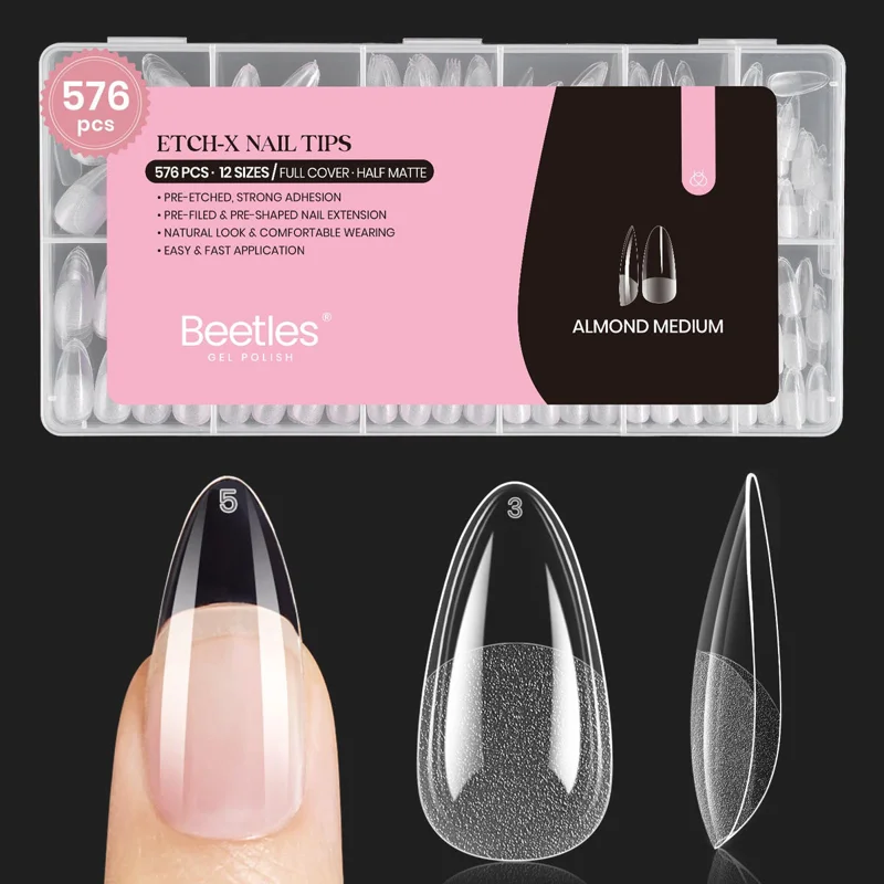 beetles Gel Polish Medium Almond Nail Tips 576pcs (12 Sizes) Clear Pre-Etched Soft Gel Half-Cover for Quick DIY Extensions