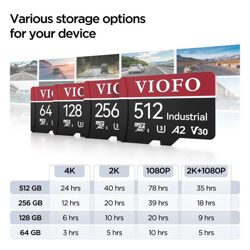 VIOFO Industrial Grade microSD Card with Adapter, U3 A2 V30 High Speed, 64GB / 128GB / 256GB / 512GB