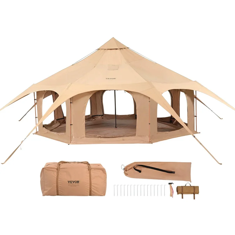 VEVOR Canvas Tent, 4 Seasons 5 m/16.4 ft Bell Tent, Canvas Tent for Camping with Stove Jack, Breathable Yurt Tent for up to 8 People, Family Camping O
