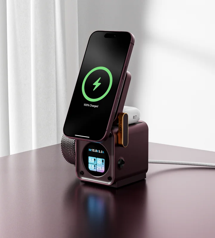 KUXIU D5 Qi2.2 25W 3-in-1 Wireless Charging Station - Burgundy