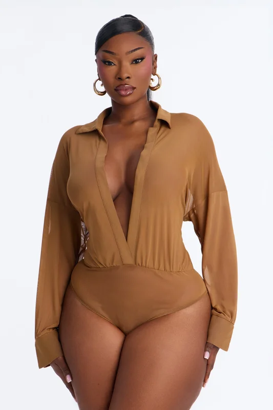 Taryn Sheer Mesh Long Sleeve Bodysuit - Mocha