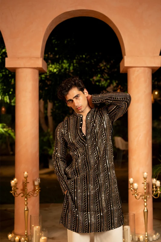 Black Silk Cotton Kurta with Full Jaal Gold Sequin Embroidery for Men | Festive Ethnic Wear | Firangi Yarn