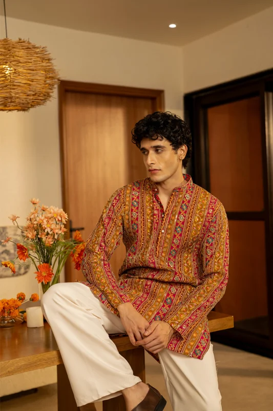 Raja Pink & Mustard Striped Short Kurta with Sequin & Zari Embroidery for Men | Festive Ethnic Wear | Firangi Yarn 2027