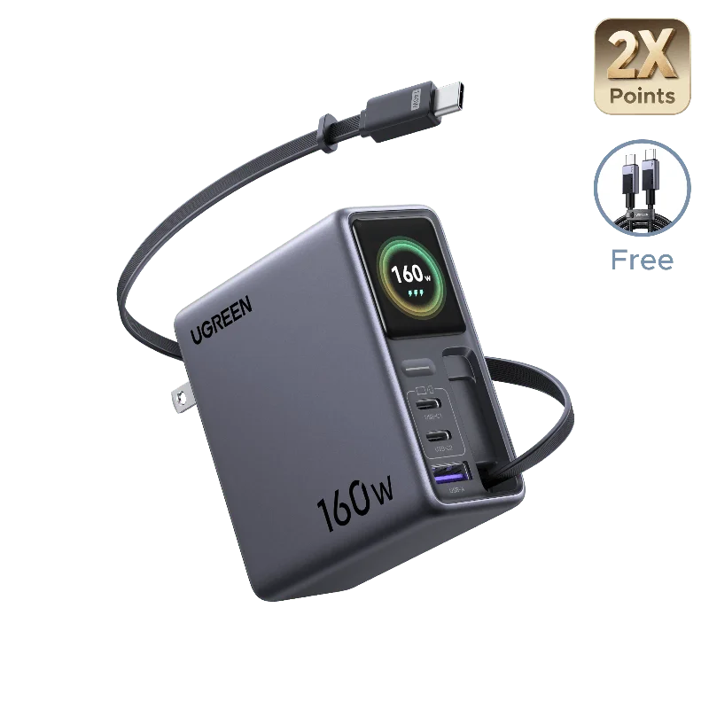 UGREEN Nexode Pro 160W Charger with Retractable USB-C Cable