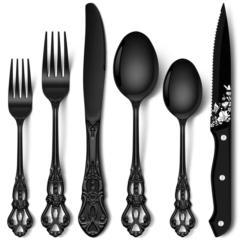 Stapava 48-Piece Black Silverware Set with Steak Knives – Baroque Stainless Flatware for 8