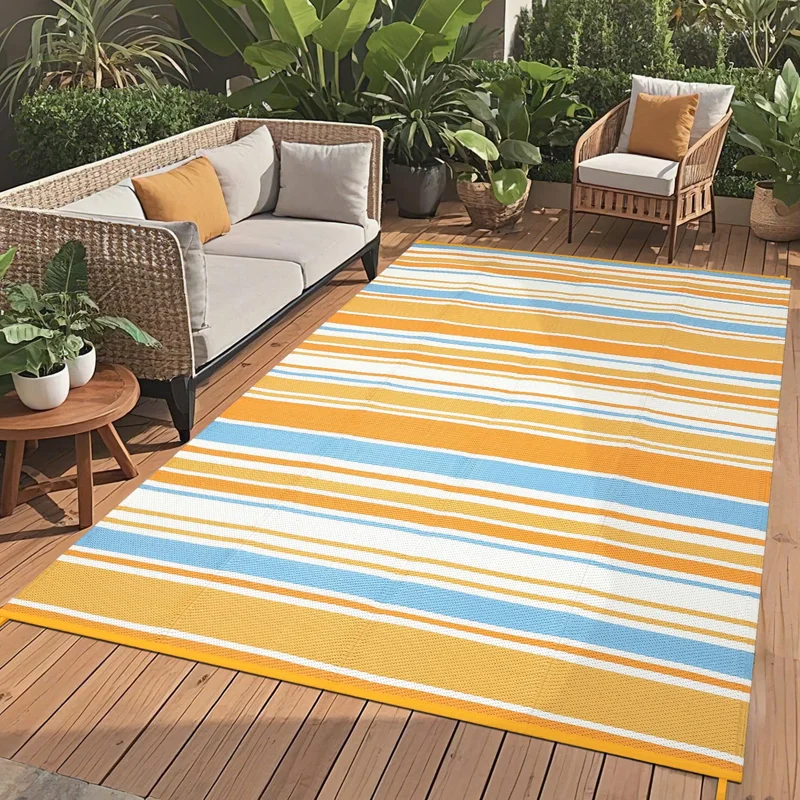 Halloween Sale Deals Garvee 8' x 10' Waterproof Reversible Outdoor Rug, UV-Resistant Striped Plastic Straw Patio Mat with Stakes & Carry Bag for Small Patio, RV, Deck & Beach, Orange Multi