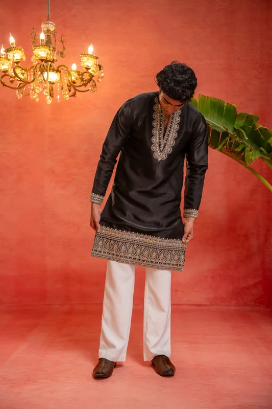 Black Glass Silk Kurta with Gold Zari Neckwork & Heavy Daaman Embroidery for Men | Festive Ethnic Wear | Firangi Yarn