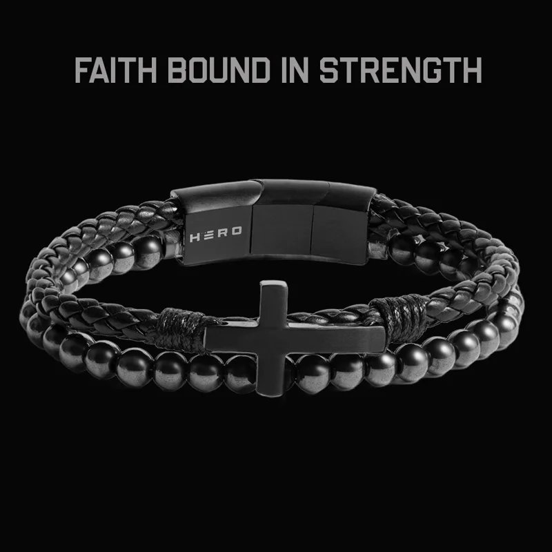FIDES Cross Leather & Magnetic Titanium Bead Bracelet