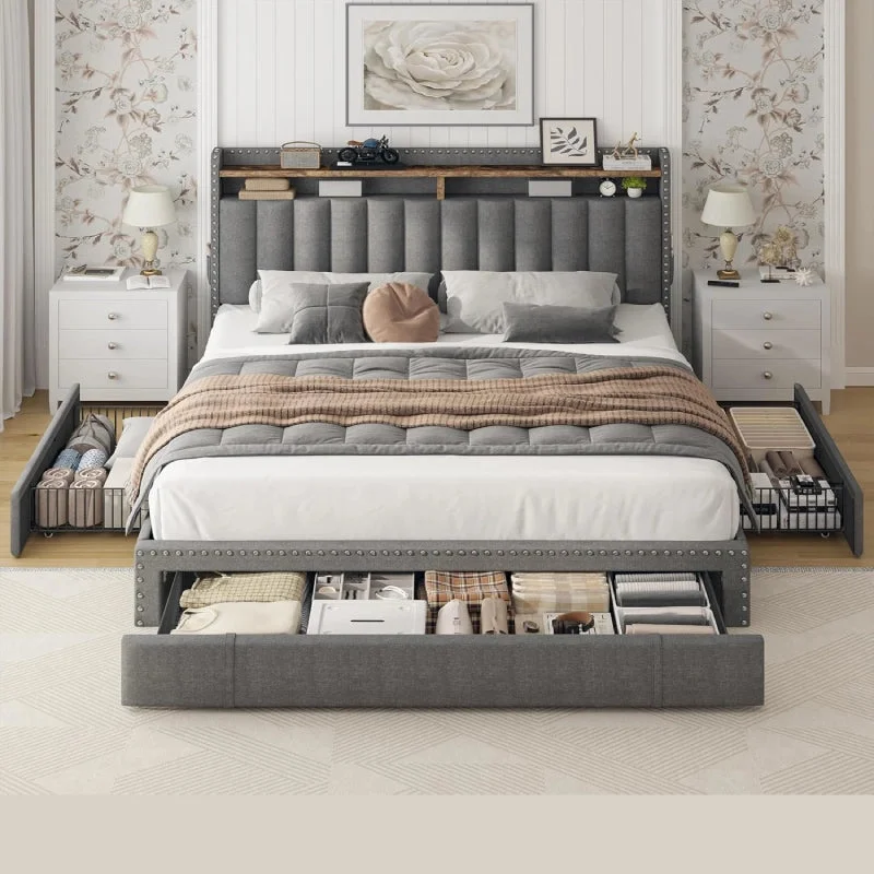 Reibii Upholstered Platform Bed Frame with 3 Storage Drawers &amp; 2-Tier Storage Headboard, Heavy-Duty, Noise-Free, No Box Spring Needed - Grey / Full