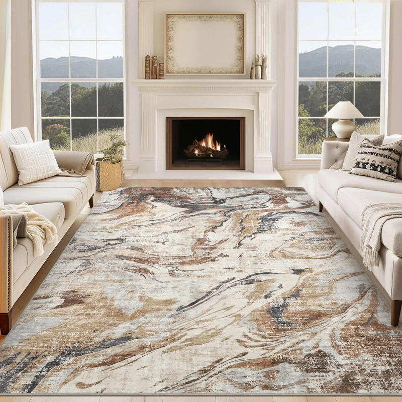Garvee 4' x 6' Brown Modern Abstract Area Rug, Machine Washable Non-Slip for Bedroom, Entryway, Living Room