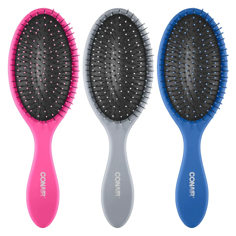 Conair Detangling Hair Brush Set – 3-Pack Blue, Pink & Gray, Flexible Ball-Tip Bristles for Wet or Dry Hair