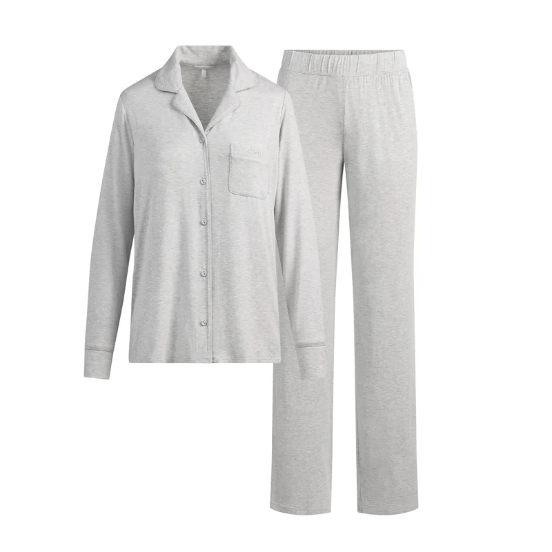 SKIMS SLEEP LONG SLEEVE BUTTON UP SET | LIGHT HEATHER GREY | XXS